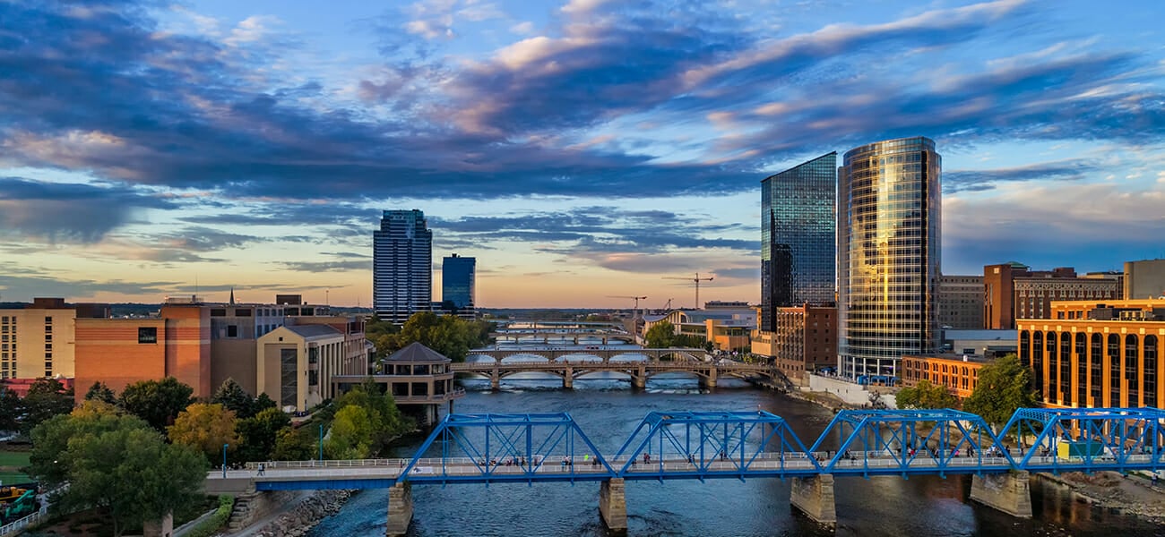 Grand Rapids Aerial at Sunset with River and Bridges
