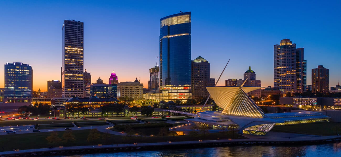 Milwaukee Skyline Aerial At Sunset With Shore