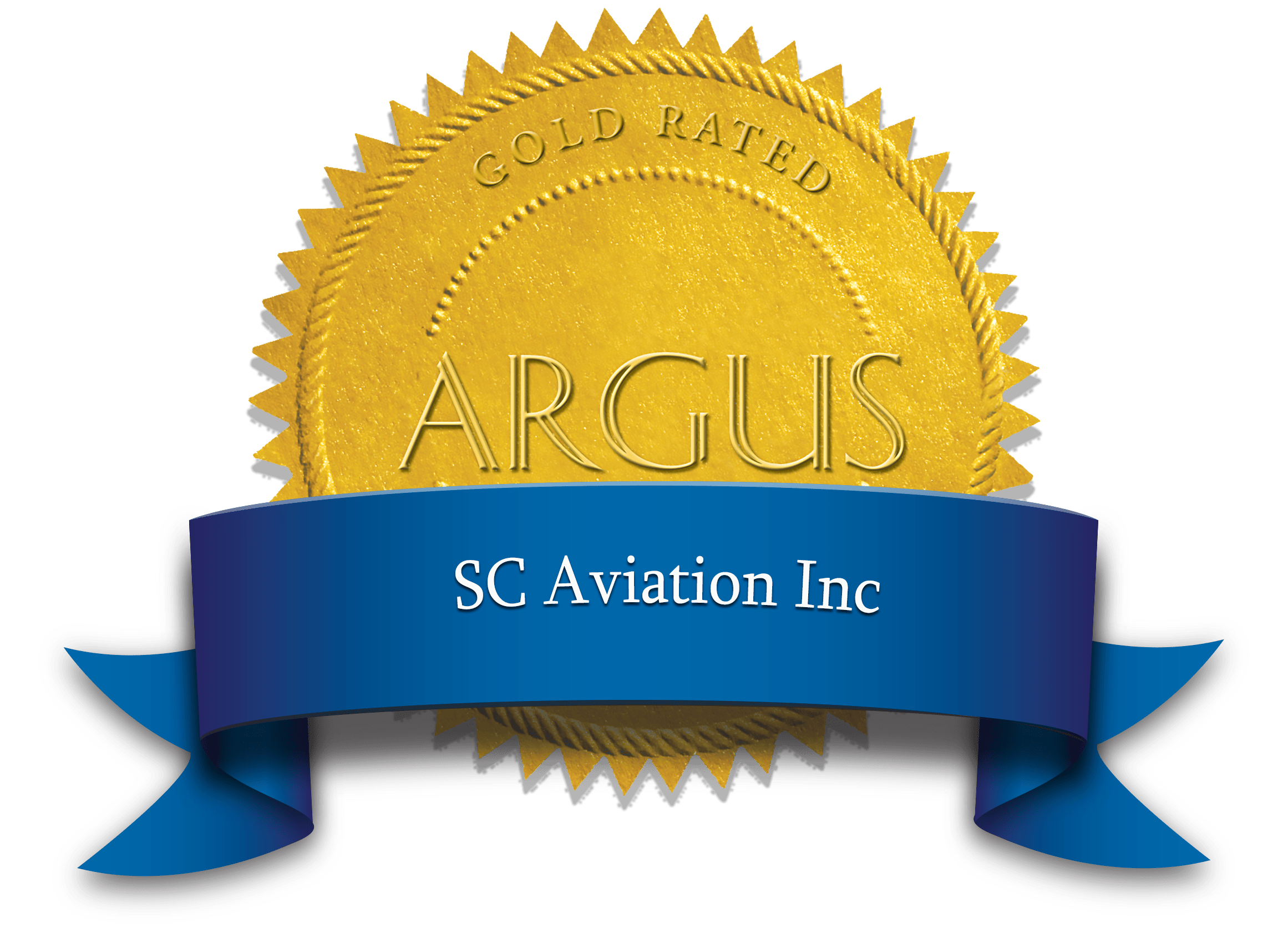 Gold seal featuring "ARGUS" and "SC Aviation Inc" on a blue ribbon, symbolizing certification or achievement.