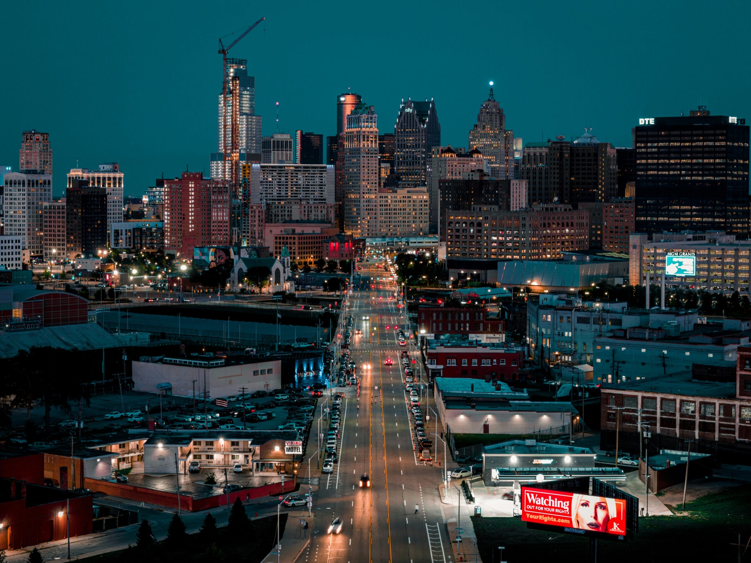 Detroit city skyline at sunset.