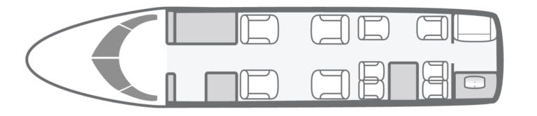 Aircraft cabin layout with seating and lavatory.